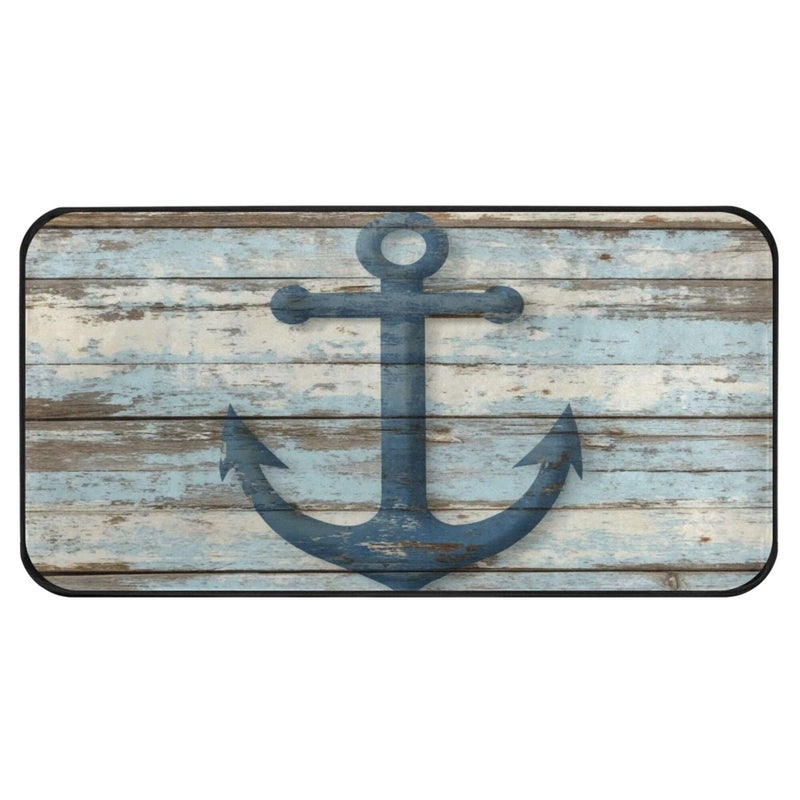 Aslsiy Retro Wooden Board Anchor Kitchen Rug Sea Ocean Kitchen Mat Area Rug Marine Nautical Floor Mat Welcome Non Slip Rug for Kitchen Home Decor 39" X 20" - Image 1